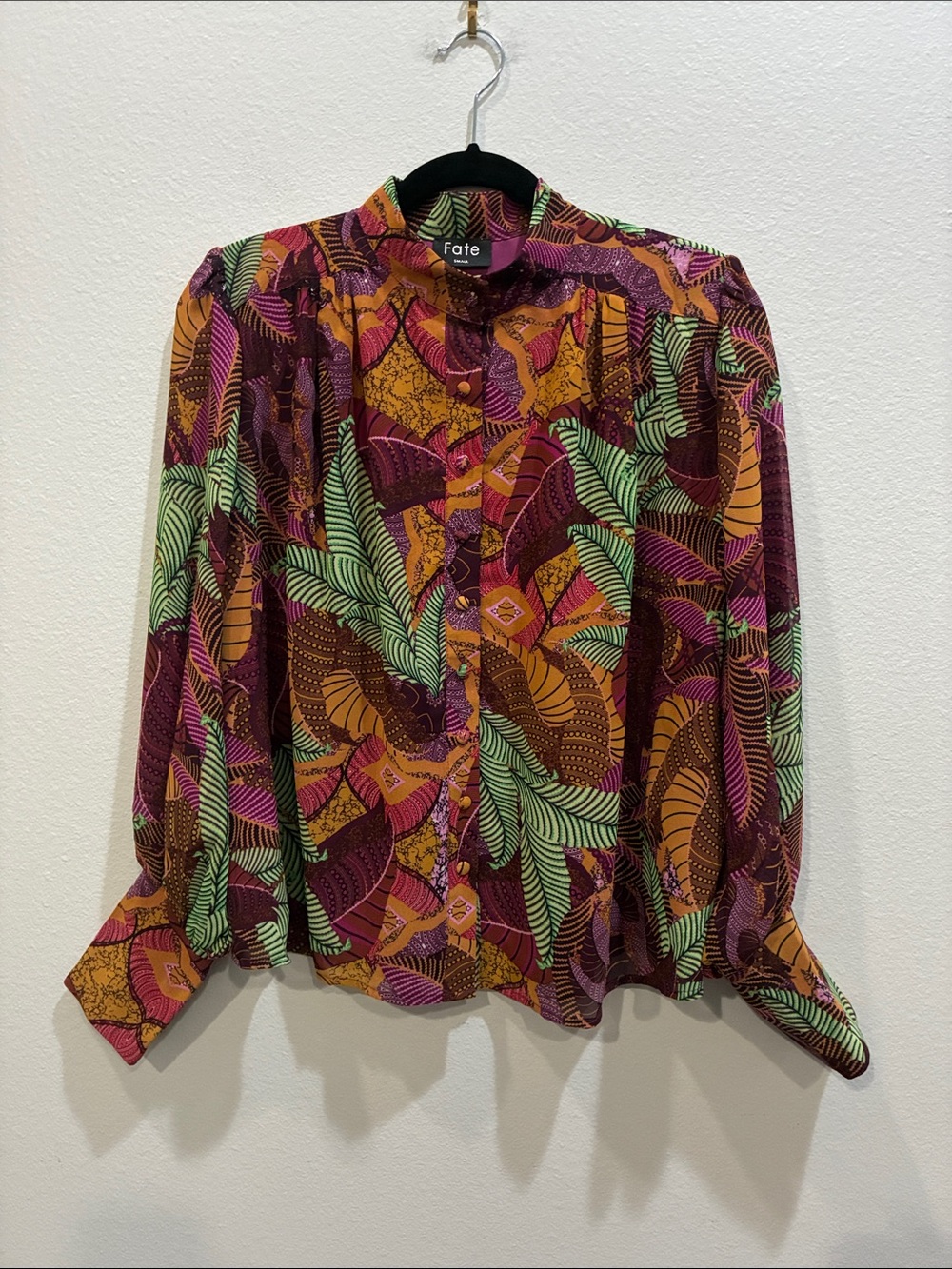 Fate Multicolor Botanical Print Button-Down Blouse - Purple, Green & Gold